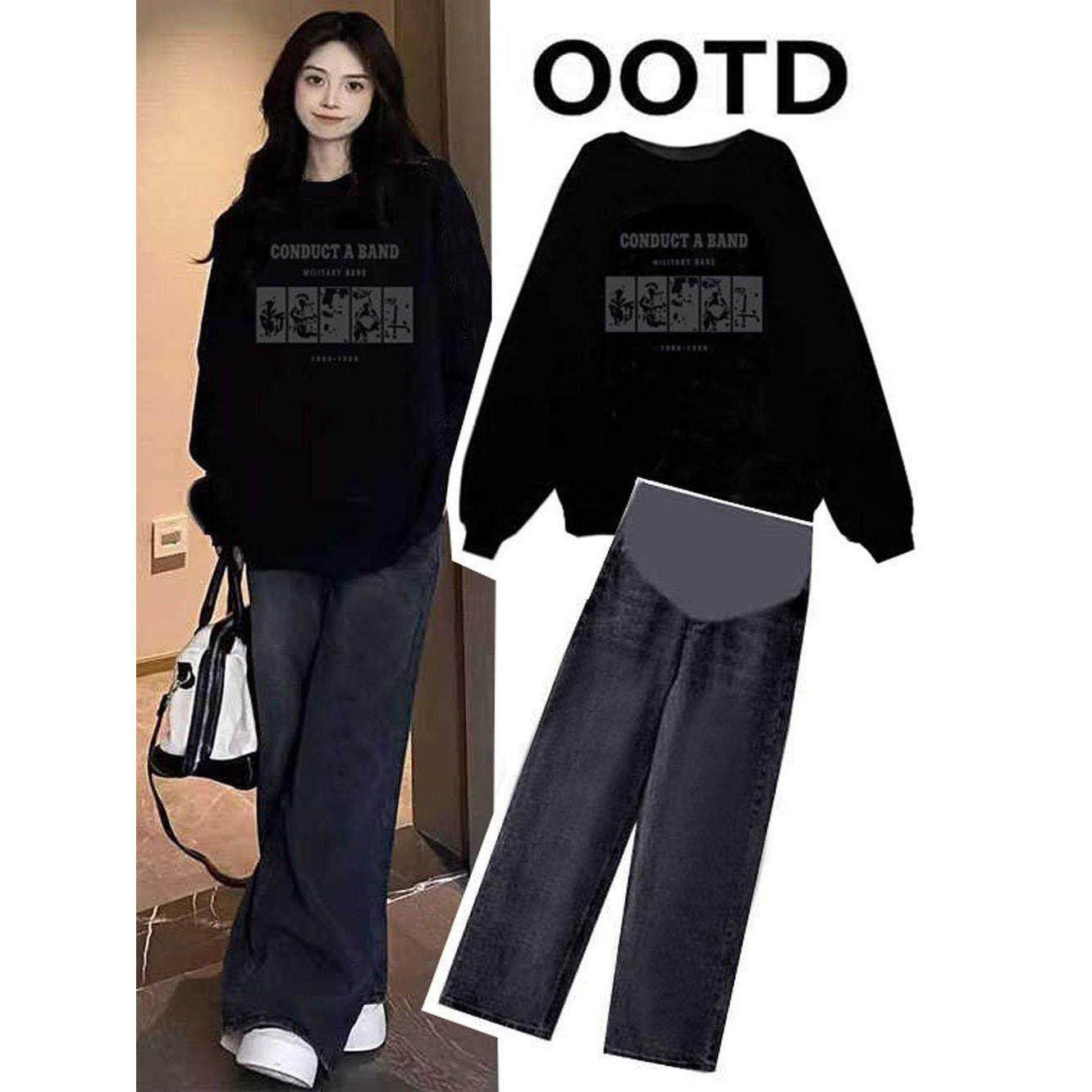 孕妇装2025秋季新款韩式上衣宽松运动衫，羊毛衬里加厚休闲冬季两