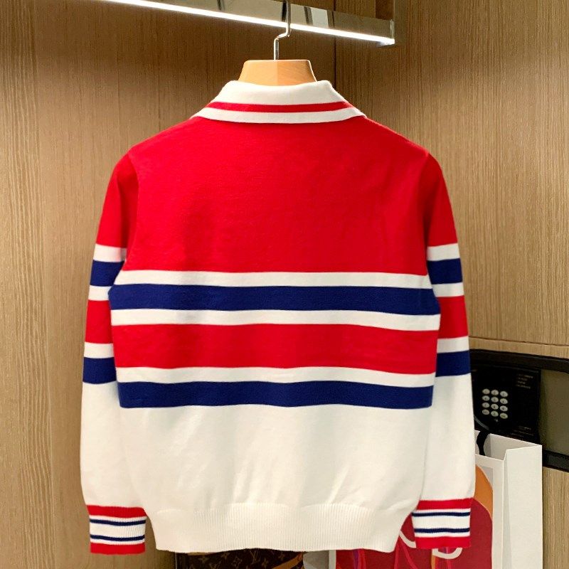 英式洋气拼色条纹翻领毛衣男红色上衣春秋季时尚植绒polo衫长袖男
