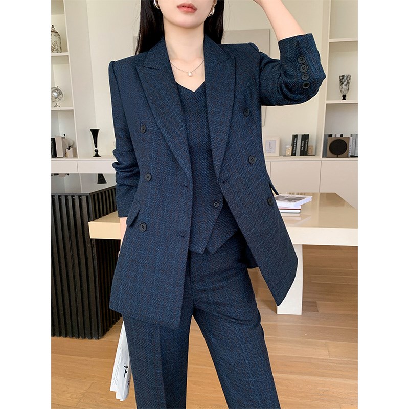 毛呢西装套装女秋冬高级感气质职业正装阔腿裤小个子休闲西服外套