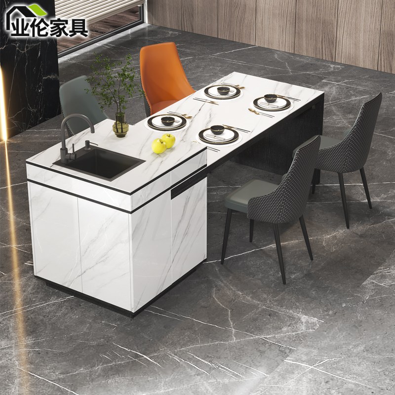 意式轻奢岩板岛台餐桌一体家用可伸缩中岛台厨房料理台吧台3E6