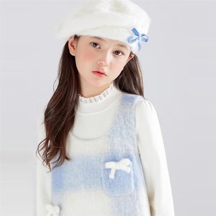 【雪国童话】毛绒蓝白格纹呢女童蝴蝶结背心裙冬季连衣裙舞台礼服