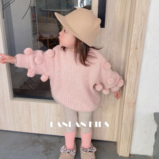 女童秋冬款马海毛灯笼袖加厚针织上衣兔尾巴短裤可爱球球毛衣套装