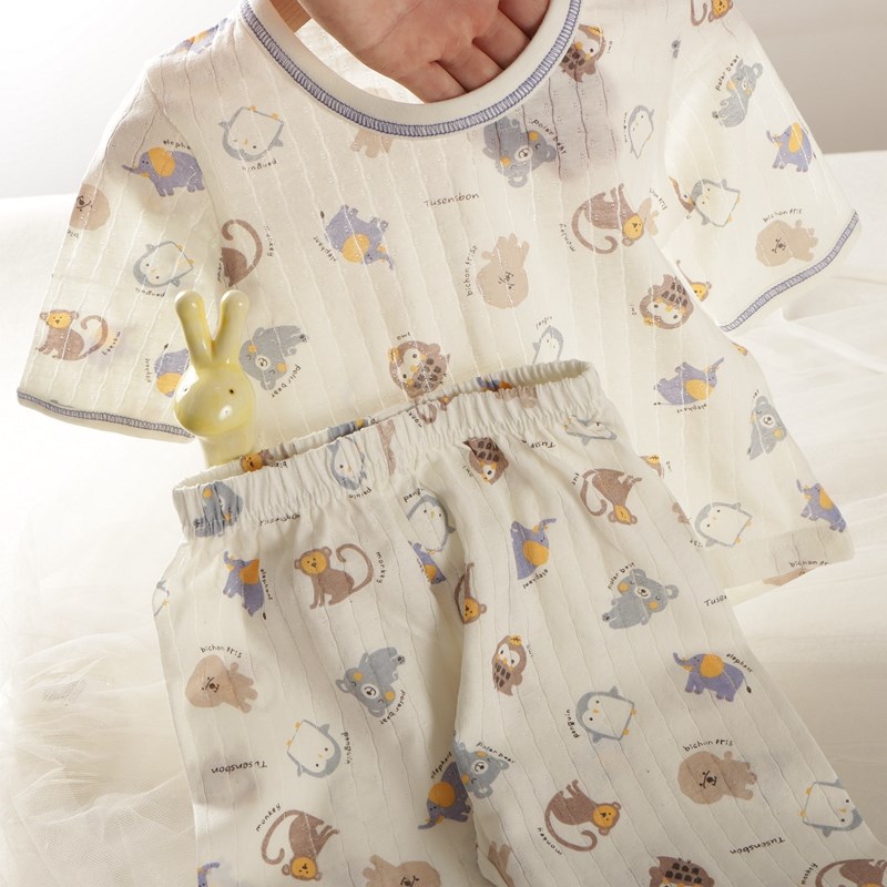 薄款小中大童男孩宝宝纯棉竹节七分袖家居吸汗空调服睡衣动物套装