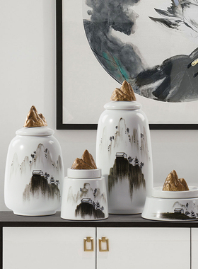 新中式水墨陶瓷罐装饰样板房客厅玄关书房书柜禅意铜山工艺品摆设
