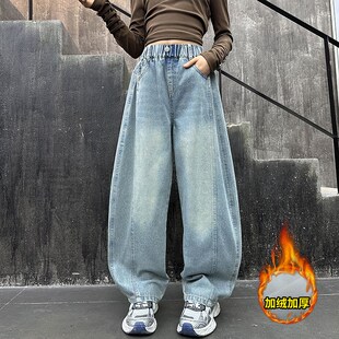 女童加绒牛仔裤秋冬2024新款大童一体绒阔腿裤儿童冬季加厚弯刀裤