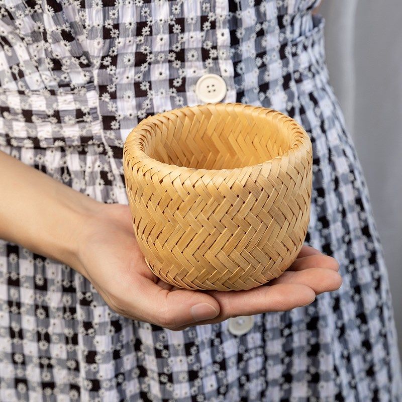 刺身装饰品日料摆盘双层竹青编织篮迷你小坚果盘姿造摆件竹筒特色