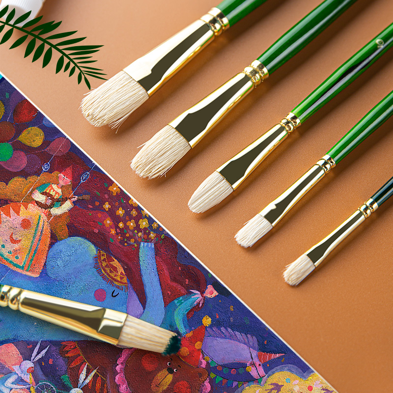 左绘6支猪鬃油画笔圆头水彩笔水粉油画丙烯画笔套装长杆