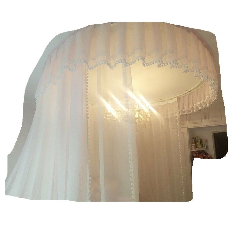 公主圆顶圆床轨道纯白欧式宫廷毛毛球酒店家用床幔帘头隔断装饰纱