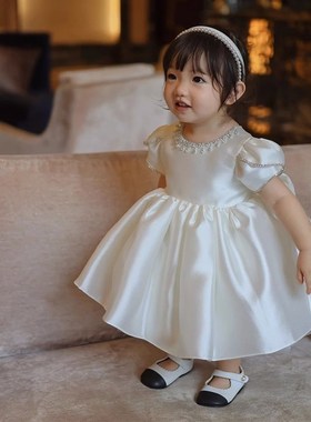 一周岁礼服女童生日公主裙百搭洋气花童婚礼小女孩宴会白色蓬蓬裙