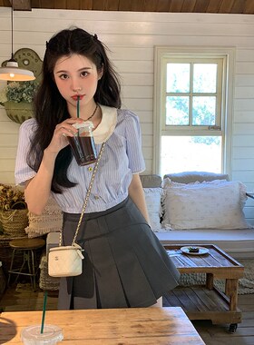 VASSE美蟹灰色蝴蝶结百褶裙女2022新款设计感a字短裙小个子半身裙