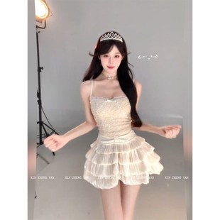 XZY/欣争艳 微胖mm甜辣风修身亮片吊带上衣女高腰蓬蓬蛋糕裙套装