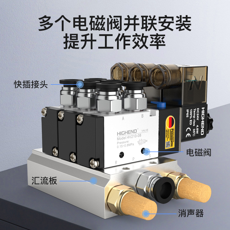 气动电磁阀4V210-08二位五通气缸换向控制阀气阀24V电磁电阀线圈