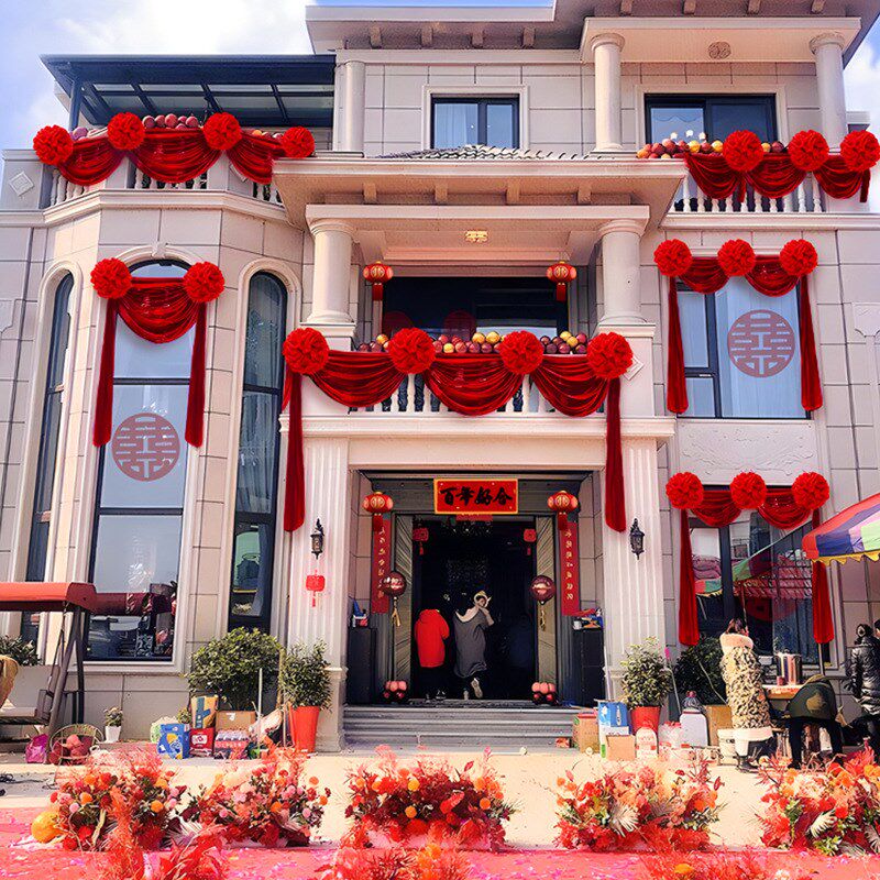 农村结婚别墅阳台美人纱装饰男方新房客厅扶梯纱幔大红花一整套装