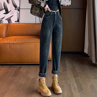 胖mm显瘦小个子老爹裤 加厚高腰直筒宽松大码 女冬季 加绒哈伦牛仔裤