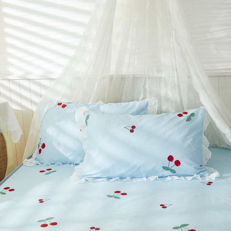 樱桃水洗棉床笠单件夏季蓝色防滑床单人席梦思床垫保护套罩三件套,床上用品,床笠,淘宝优惠券,粉丝福利购,淘宝优惠卷