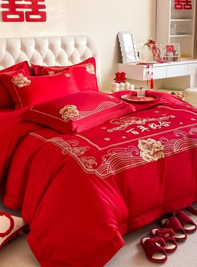 新中式结婚四件套红色床单女方陪嫁纯棉全棉婚庆床上用品婚房床笠