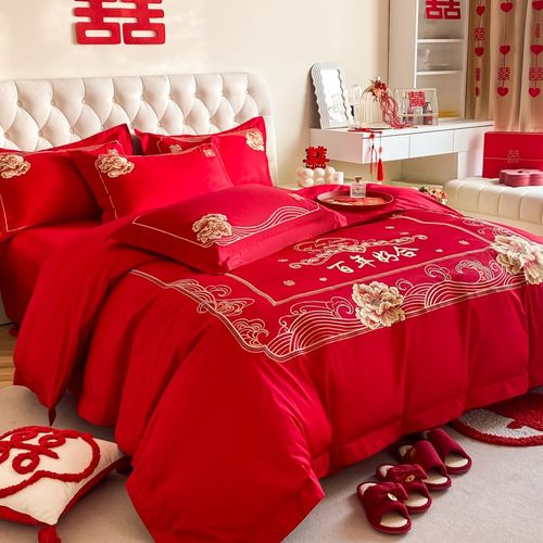 新中式结婚四件套红色床单女方陪嫁纯棉全棉婚庆床上用品婚房床笠