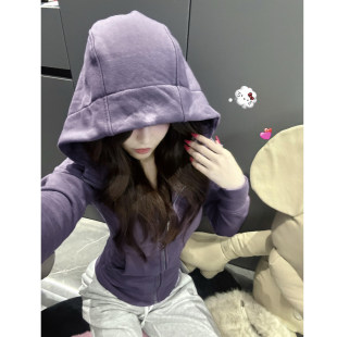 紫色掐腰薄上衣女2026新款早春季小个子绝美短款修身连帽卫衣外套