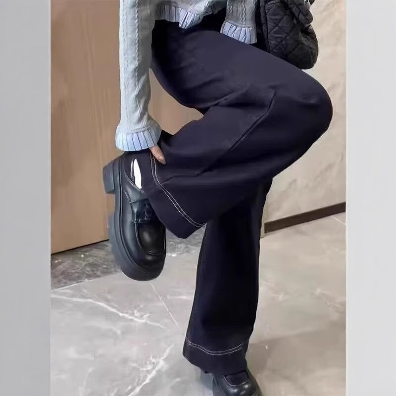 深蓝色水洗阔腿牛仔裤女春季新款宽松显瘦梨形身材直筒拖地长裤子