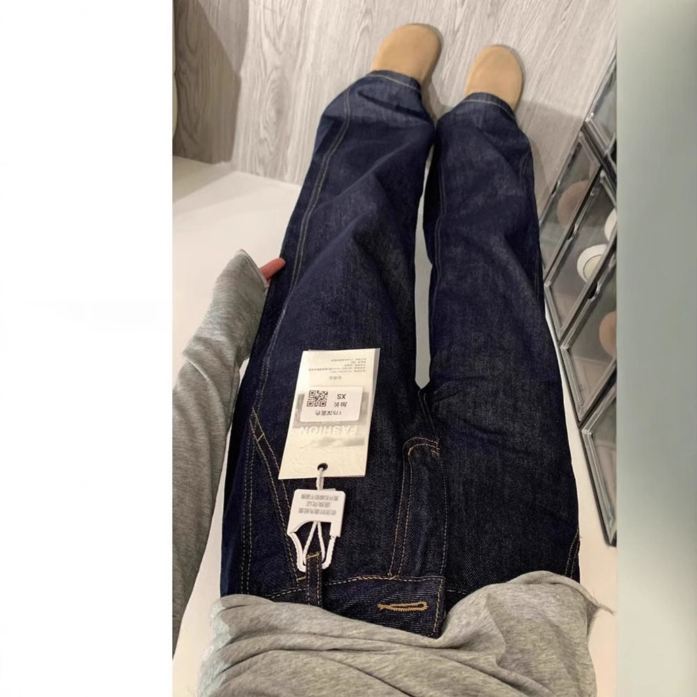 深蓝色丹宁阔腿牛仔裤女春2026年新款大码胖mm宽松高腰直筒裤子