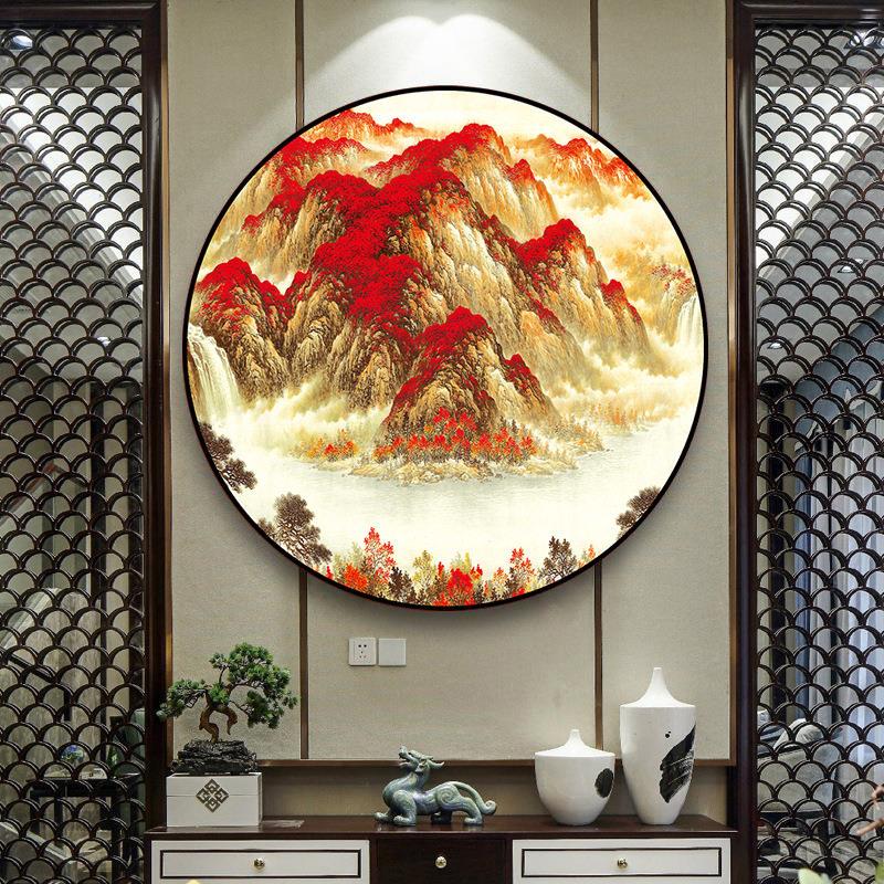 纯手工十字绣成品鸿运当头山水风景画圆形小幅客厅玄关餐厅装饰画