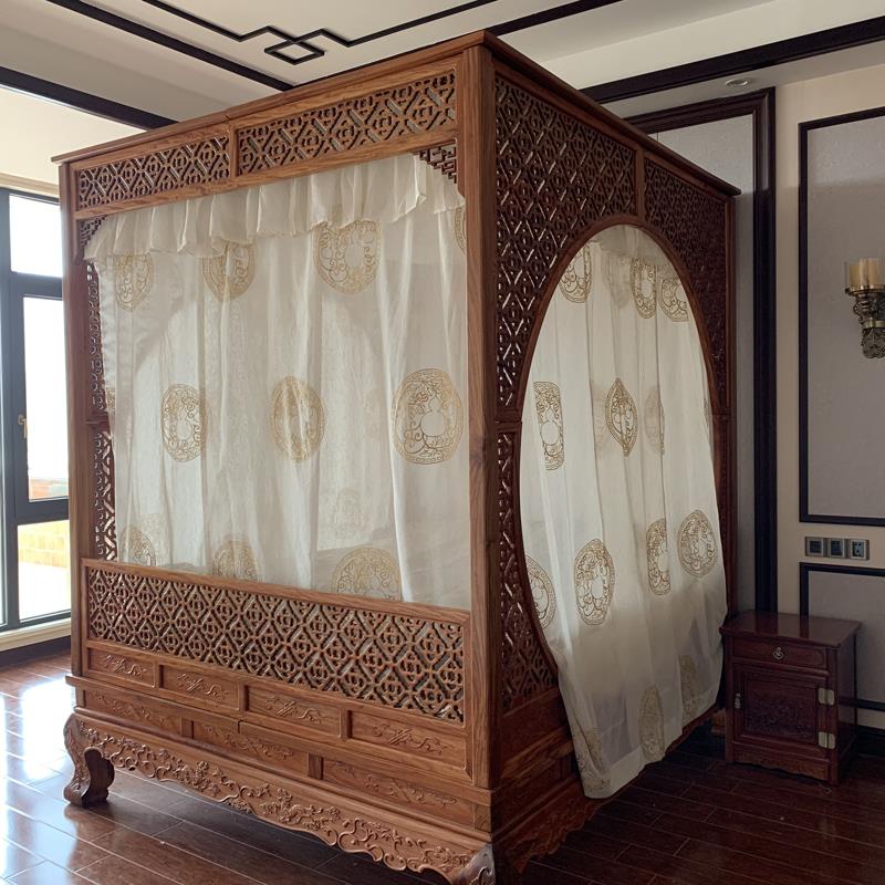 中式仿明清古典单双月洞拔步架子床亚棉麻葫芦绣花纱装饰防蚊床幔