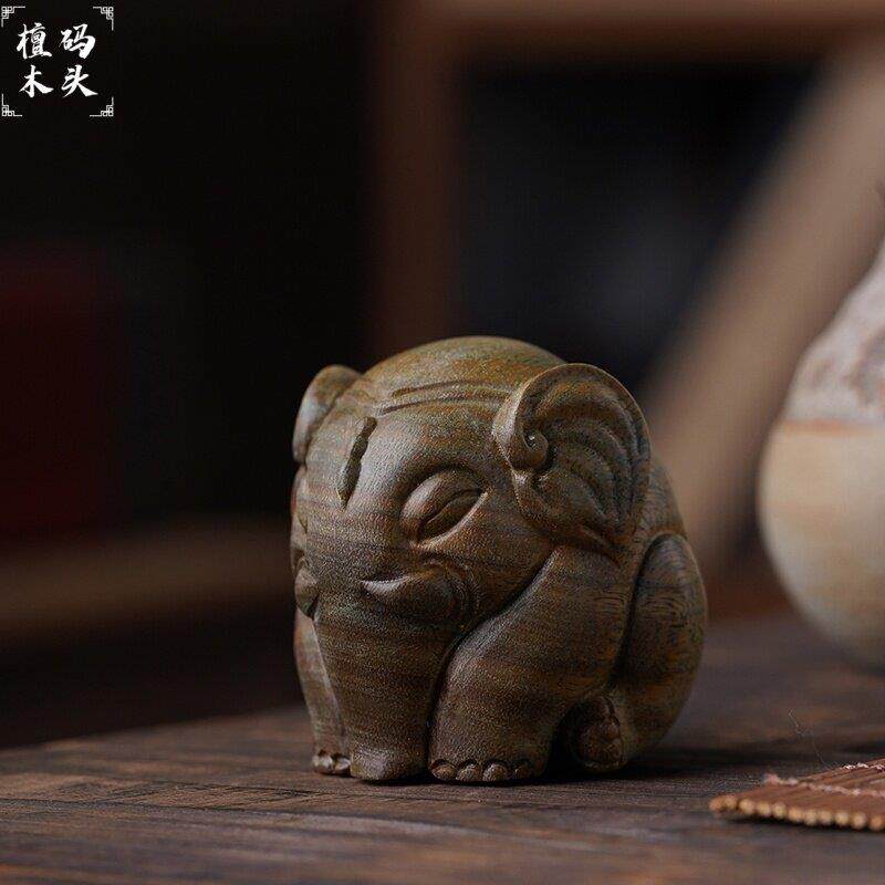 绿檀木雕刻大象手把件文玩手工创意实木质吉祥招财可携式工艺品摆