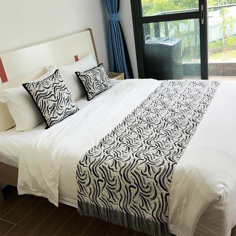 方圆样板房黑白抽象纹理床尾毯沙发装饰毯抱枕床旗床搭巾床尾巾