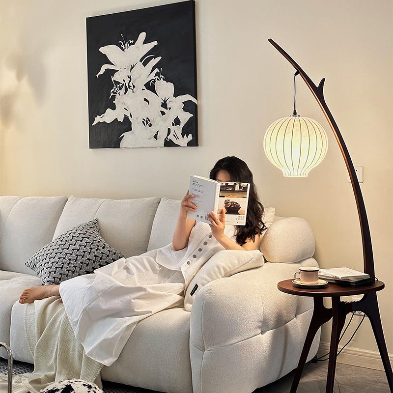 中古茶几置物落地灯复古柚子实木边几客厅灯设计师侘寂风钓鱼casa