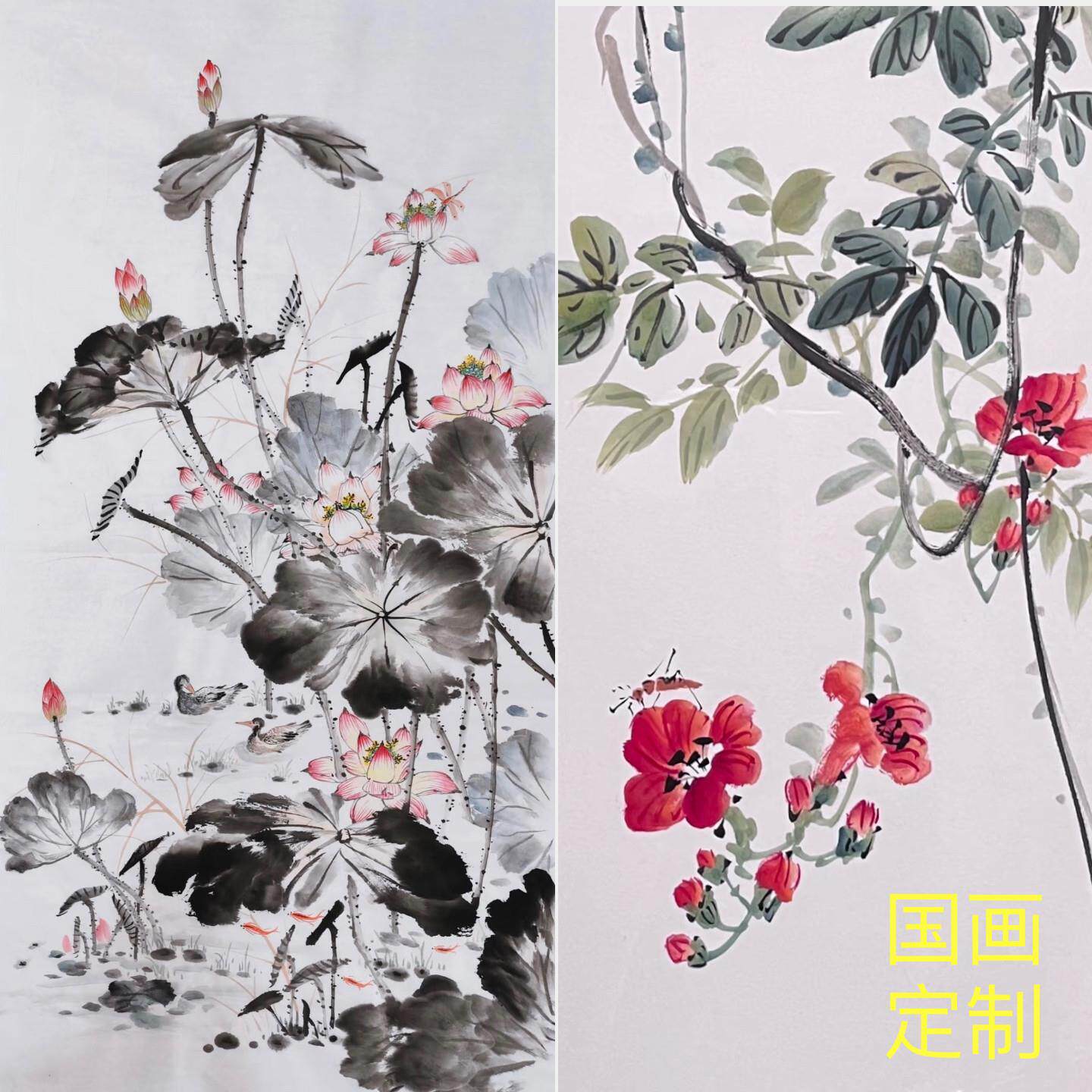 纯手绘国画定制写意工笔没骨山水花鸟人物等各种主题作品国画代画