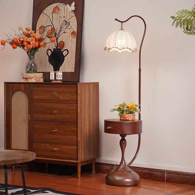 中古高级感带抽屉落地灯客厅沙发旁置物架复古卧室床头柜立式台灯