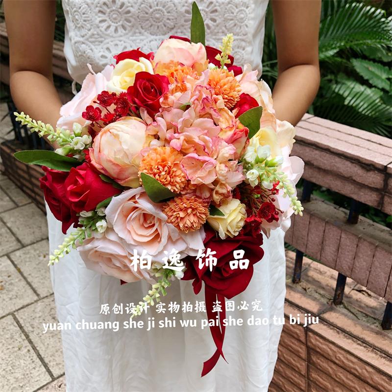 新娘手捧花甜美风彷真花婚礼婚房摆设花束牡丹玫瑰混搭花球绢花