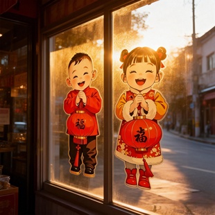 马年汉服年画2026年娃娃拜年贴纸汉服春节门贴家用房间贴画装饰