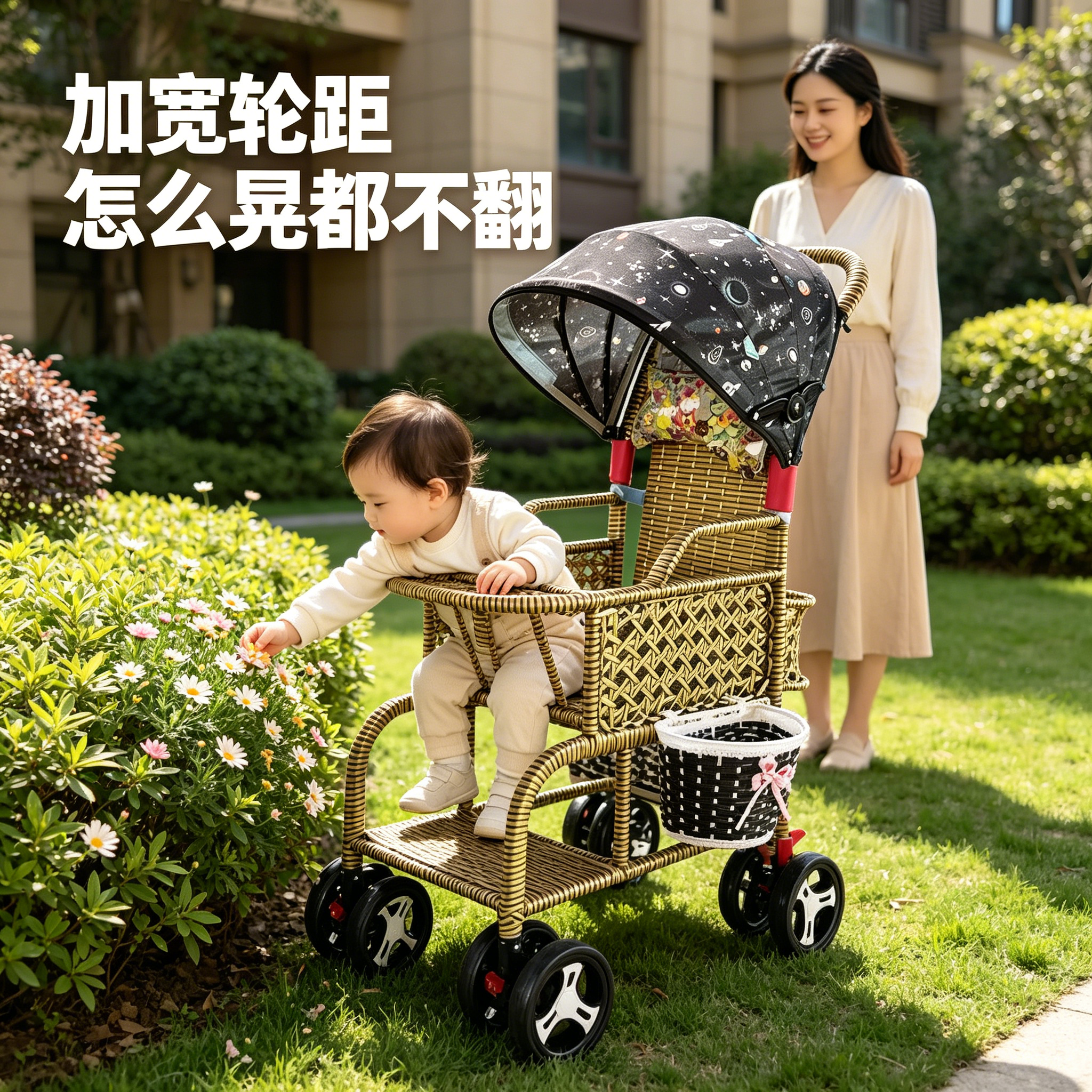 藤编婴儿推车加宽轮距防侧翻加大储物篮可躺折叠宝宝外出手推车