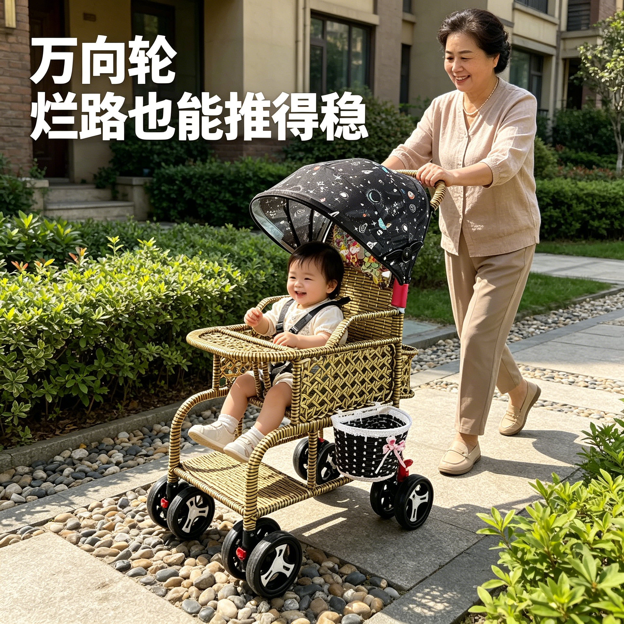 万向轮顺滑推行手推车仿藤编婴儿可坐可躺折叠宝宝夏季藤编小推车