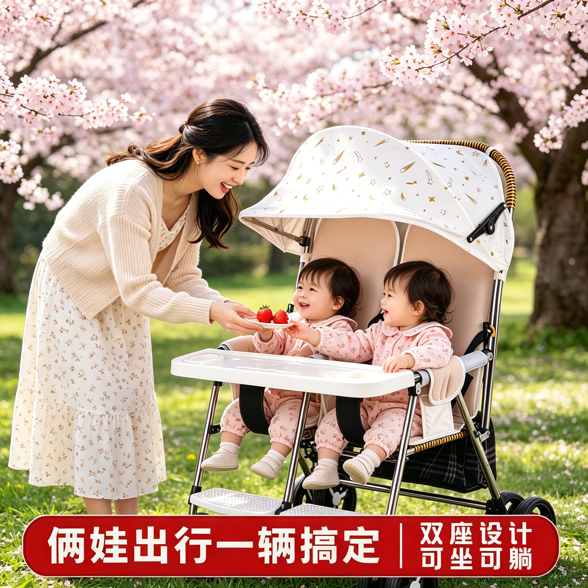 双胞胎藤编童车双人宝宝推车透气