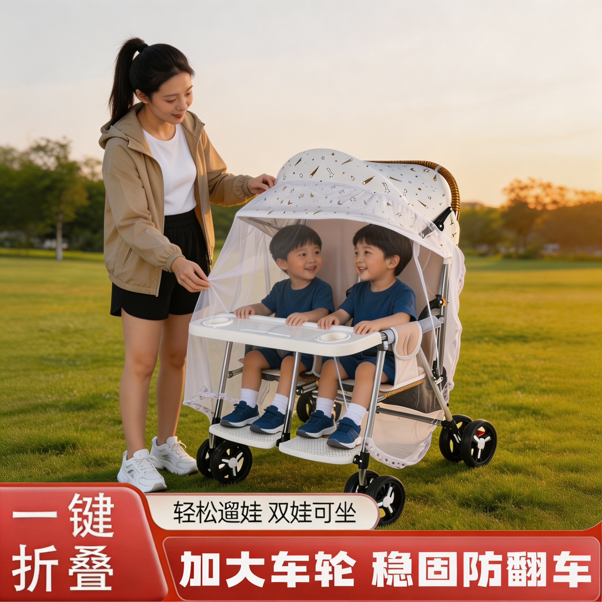 双胞胎藤编推车不锈钢车架胖宝宝可坐可躺双人婴儿推车折叠遛娃车