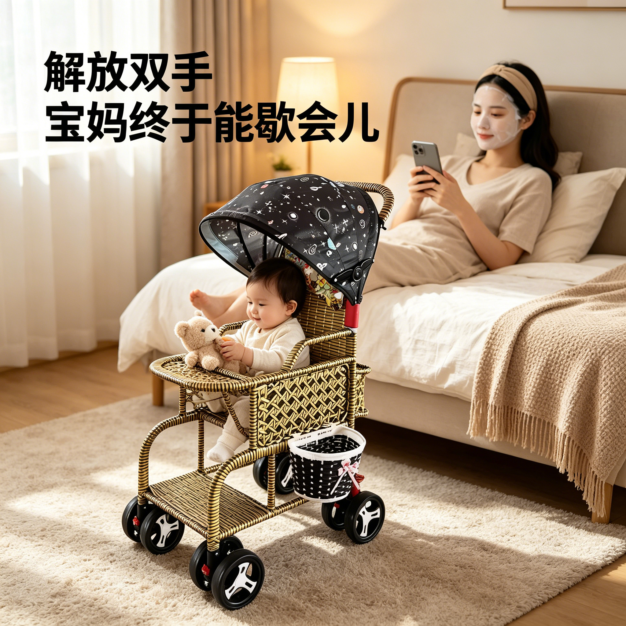 高颜值 ins 风藤编推车可躺折叠解放双手宝妈终于能歇会儿拍照车
