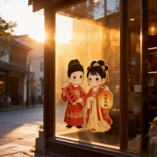 金童玉女汉服年画娃娃新年装饰2026马年春节出入平安贴纸墙面贴画