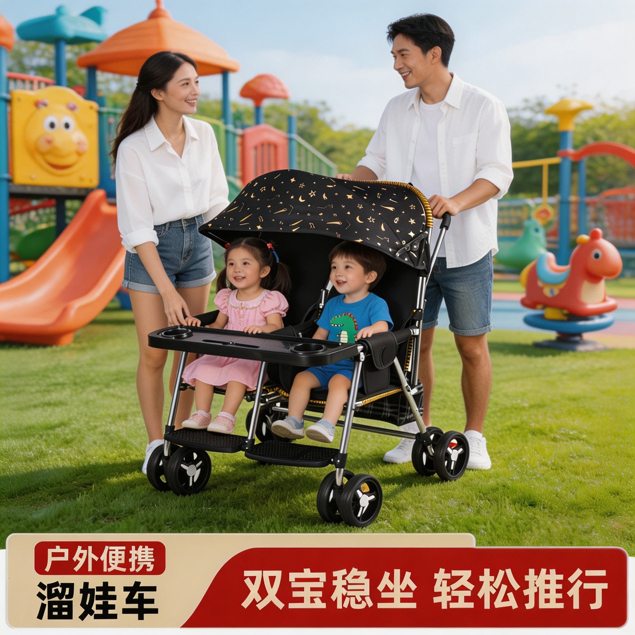 双胞胎藤编手推车静音万向轮可坐