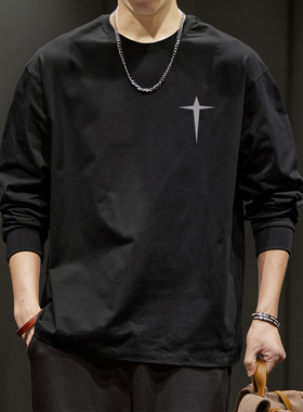 简木迹春秋季260克纯棉长袖t恤男秋季圆领宽松大码上衣内搭打底衫