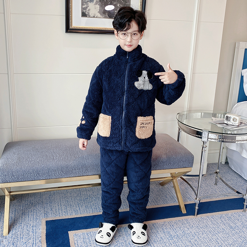 儿童睡衣秋冬季加厚款三层夹棉男童孩珊瑚绒法兰绒藏青保暖家居服