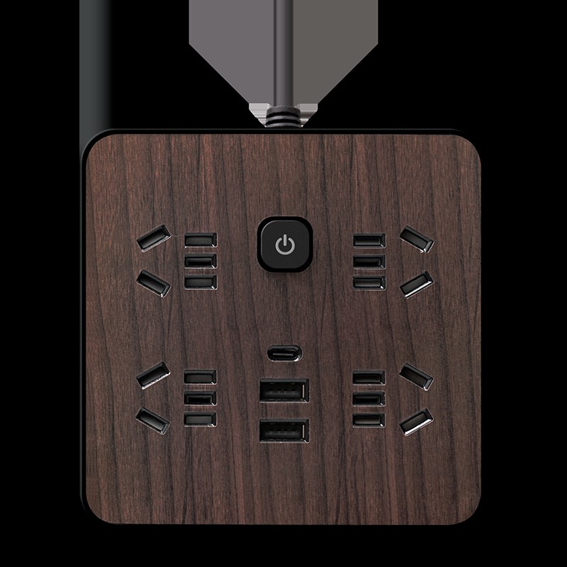 全新木纹多功能插座方形桌面插线板带USB充电排插家用宿舍拖线板