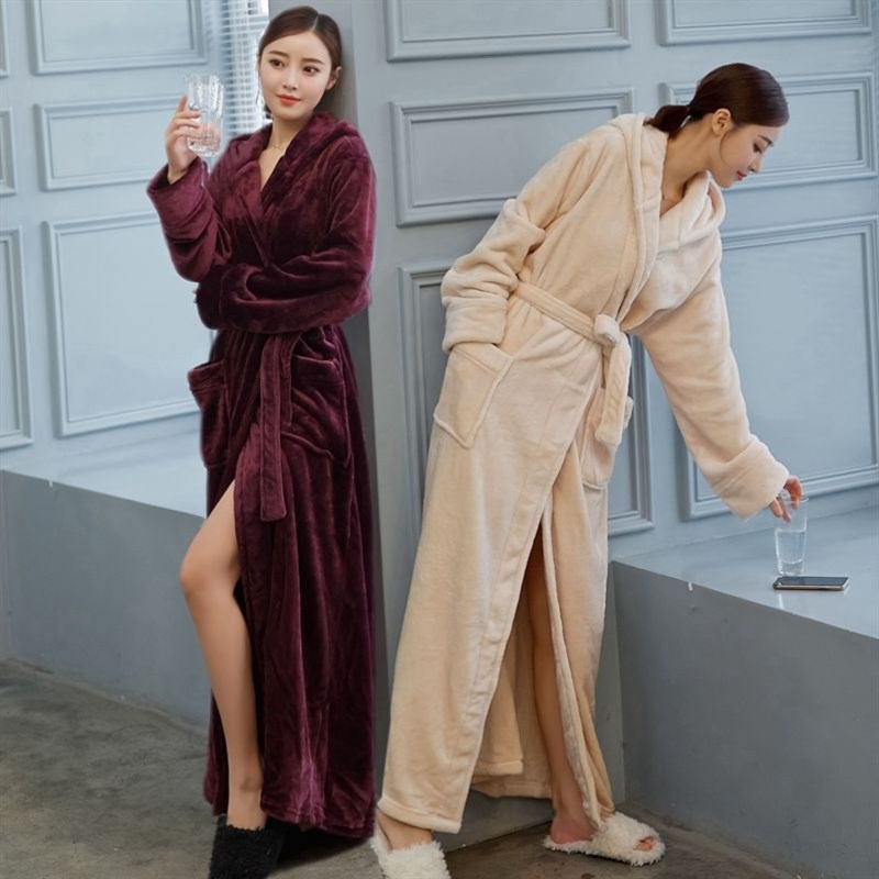 睡袍女超长到脚踝秋冬季睡衣长袍加长款珊瑚绒连帽男士浴袍带帽子