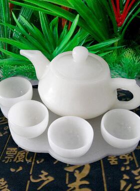 天然白玉阿富汗玉茶具 茶壶玉石酒具摆件玉壶 送礼品套盒 包邮