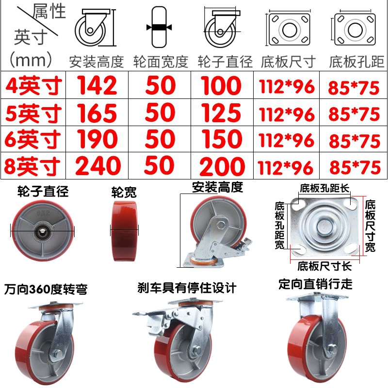重型万向轮轮子带刹车铁芯聚氨酯6寸4寸5寸静音平板手推车脚轮8寸