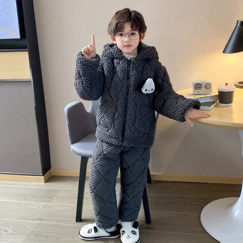 儿童睡衣冬季加厚款2024新款家居服男童法兰绒三层夹棉加绒珊瑚绒