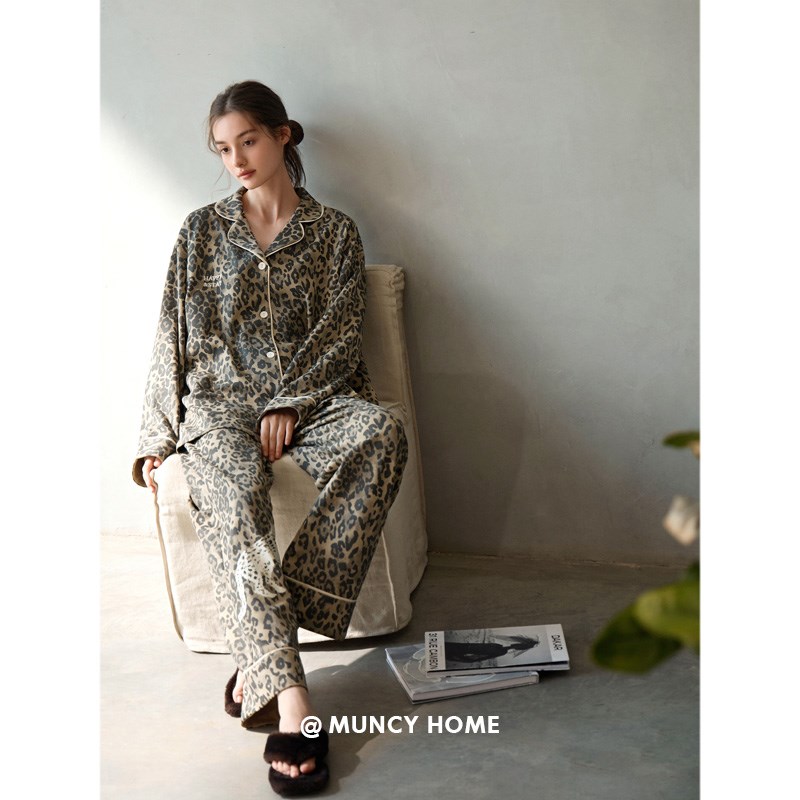 曼系气场拉满柔软棉睡衣女春秋季开衫豹纹贵妇高级感轻奢套装
