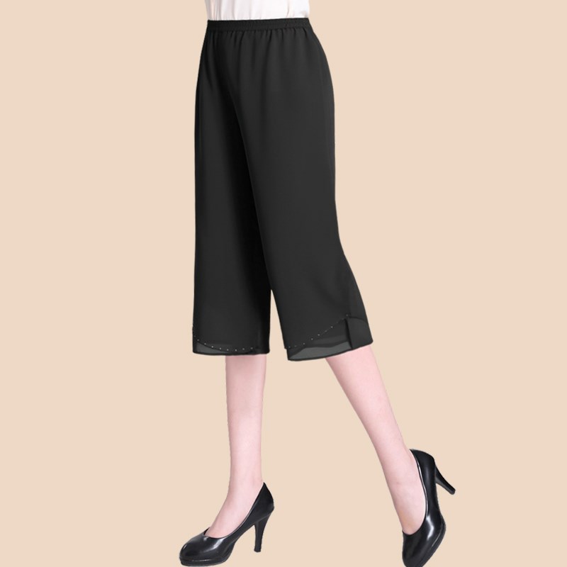 新款中老年女裤夏装薄款宽松休闲裤子中裤大码七分裤松紧腰阔腿裤