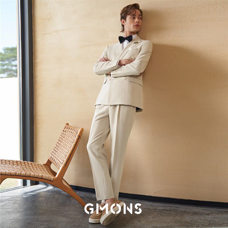 【婚庆礼盒】吉约蒙新郎结婚礼服双排扣西装男套装高级感杏色西服